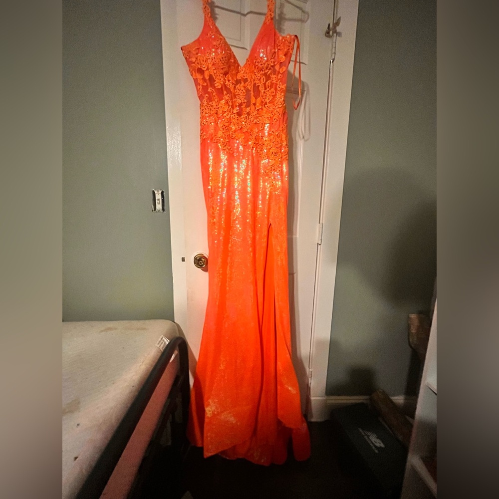 Orange corset lace back prom dress